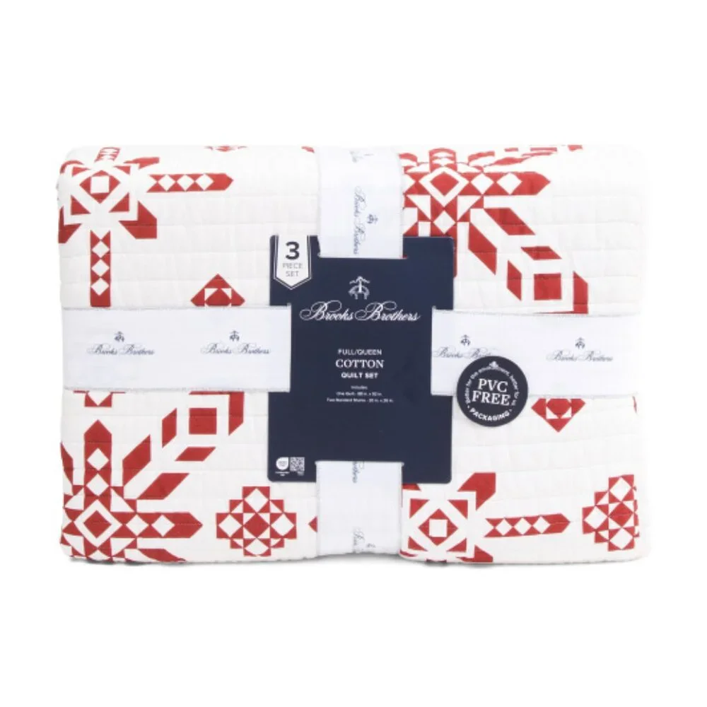Brooks Brothers Red and White Geometric Pattern Reversible Quilt Set